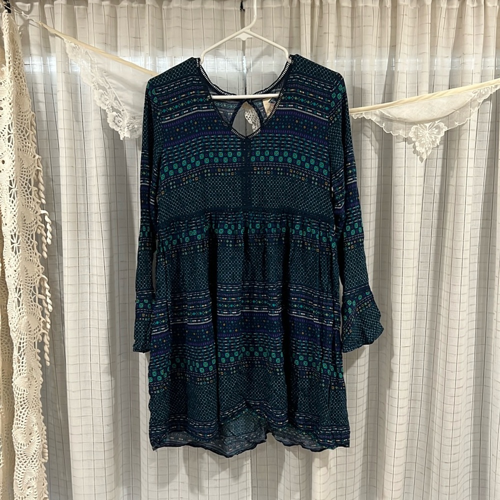 Rue21 Boho Dress, Ling Sleeves, Hi/Low Hem NWT Dark Teal Purple accents size M